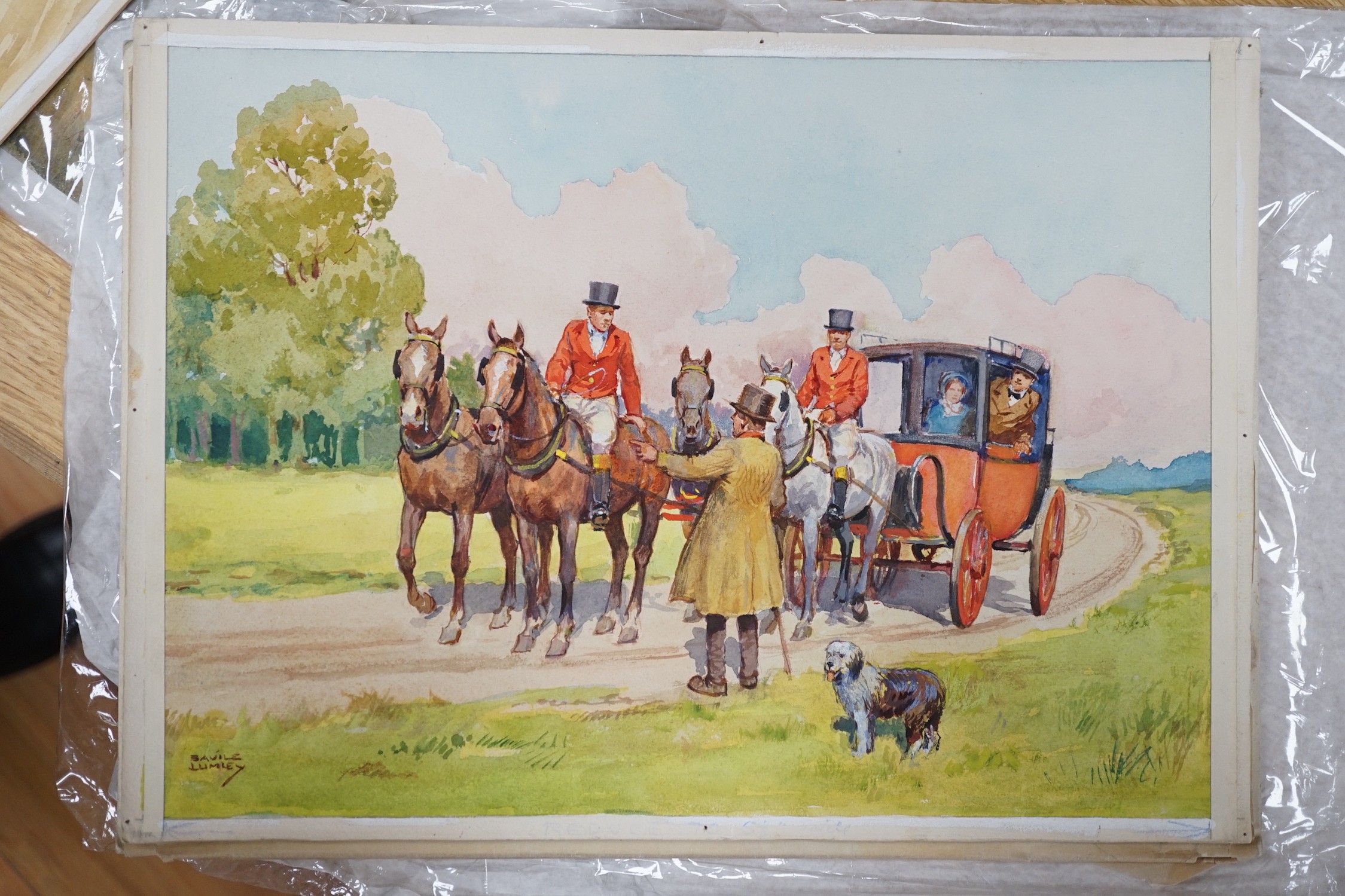 Savile Lumley (1876–1960), four watercolour greeting card designs, Three coaching scenes and Kentish snow scene, signed, 26 x 35cm, unframed